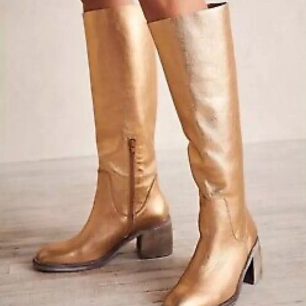 Free People Essential Tall Boot Inside Zipper Gold Metallic Leather - Picture 4 of 11